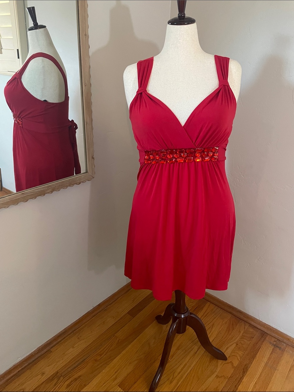 Vintage 2000’s Red Embellished Empire-Waist Women's Dress